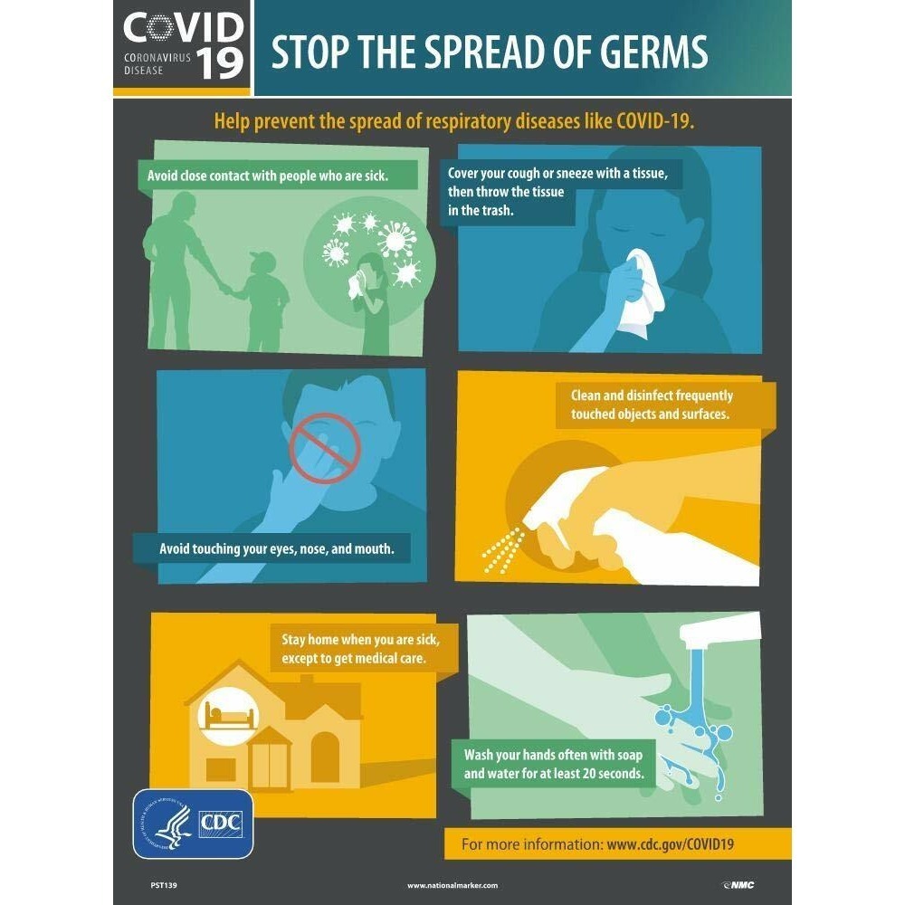 Lot of 2 NMC Vinyl Poster Stop The Spread Of Germs, English, 12" x 18" NEW!
